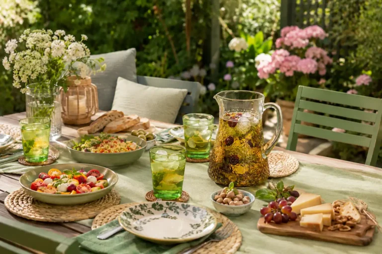 Imagen que muestra una mesa con infusiones frías preparas en un jardín