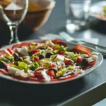 Imagen que muestra una mesa de un restaurante con un plato de comida, cubiertos y una copa de bebida, ilustrando la lista de restaurantes para prensa de cobertura en Madrid por la visita del Papa León XIV