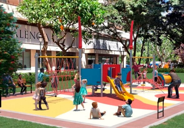 Imagen que muestra la infografía del nuevo parque del barrio Exposición en la plaza de la Legió Espanyola
