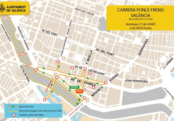 Imagen que muestra el mapa de cortes de tráfico en Valencia por la carrera Ponle Freno