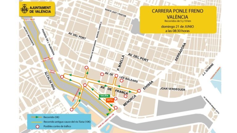 Imagen que muestra el mapa de cortes de tráfico en Valencia por la carrera Ponle Freno