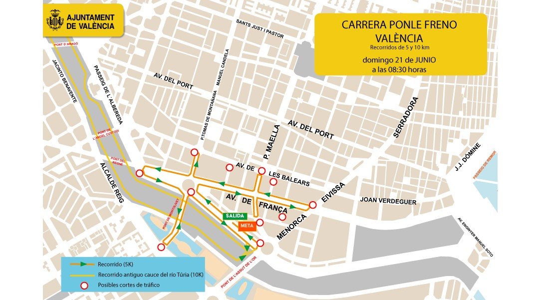 Imagen que muestra el mapa de cortes de tráfico en Valencia por la carrera Ponle Freno