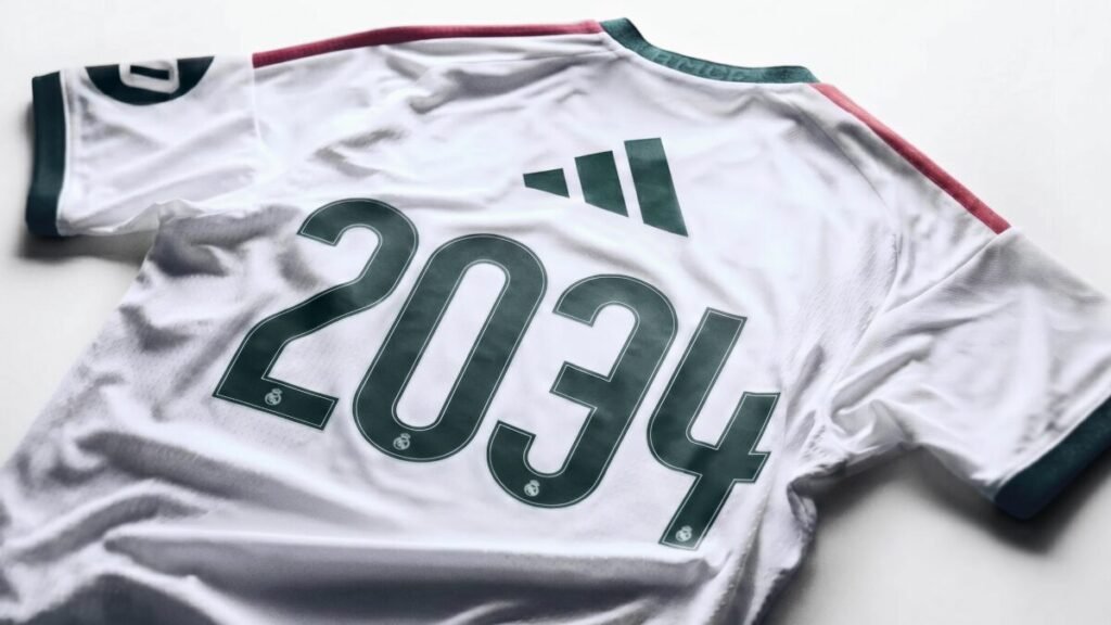La alianza infinita del Real Madrid que busca batir todos los récords Imagen que muestra la nueva camiseta del Real Madrid temporada 26-27 con el año del acuerdo del contrato con adidas 2034