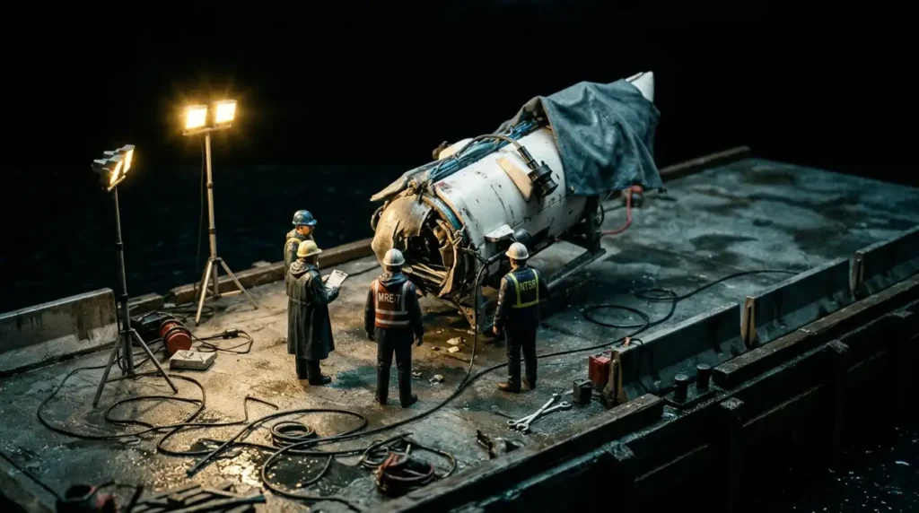 Las mentiras de Stockton Rush y la verdad oculta tras la implosión del Titan Recreación digital del Titán, el submarino que bajó al Titanic, fuera del mar mientras lo analizan unos científicos