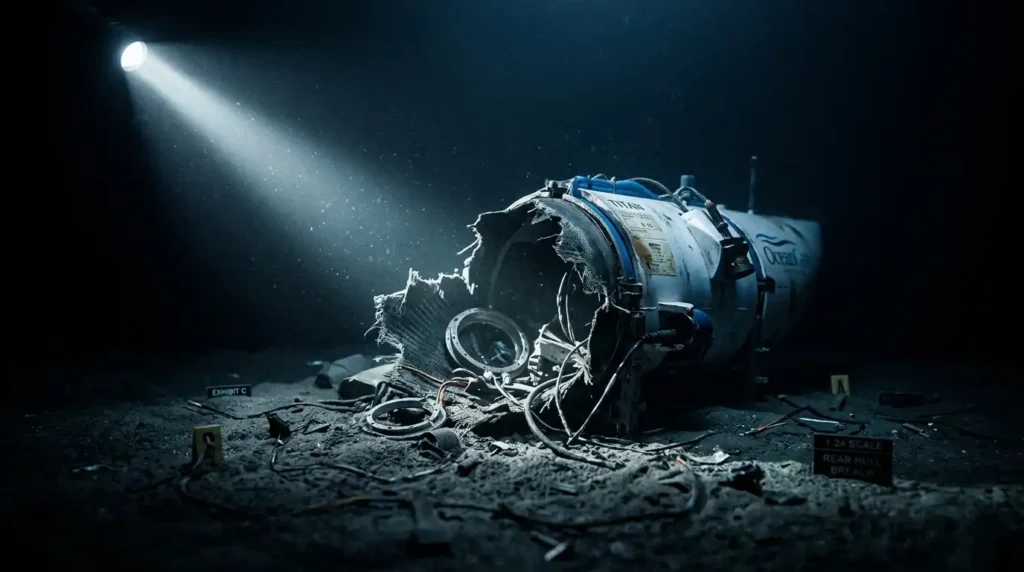 Las mentiras de Stockton Rush y la verdad oculta tras la implosión del Titan Recreación digital que ilustra el submarino Titán debajo del mar después de explotar tras el descenso para ver el Titanic