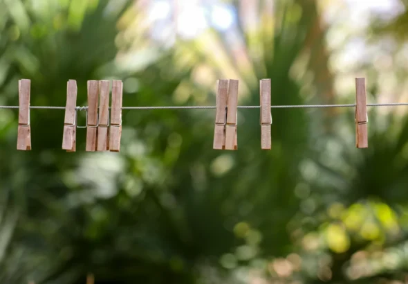 Imagen que muestra un tendedero de cuerda en un jardín con pinzas