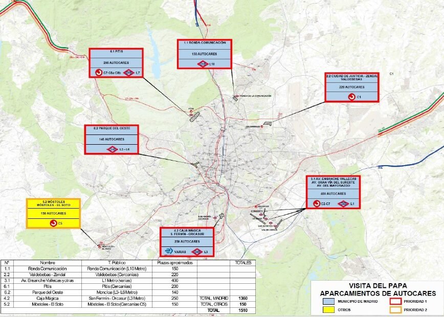Los mapas de los cortes de tráfico en Madrid por la visita del Papa León XIV Mapa de aparcamientos en Madrid para autobuses por la llegada del Papa León XIV