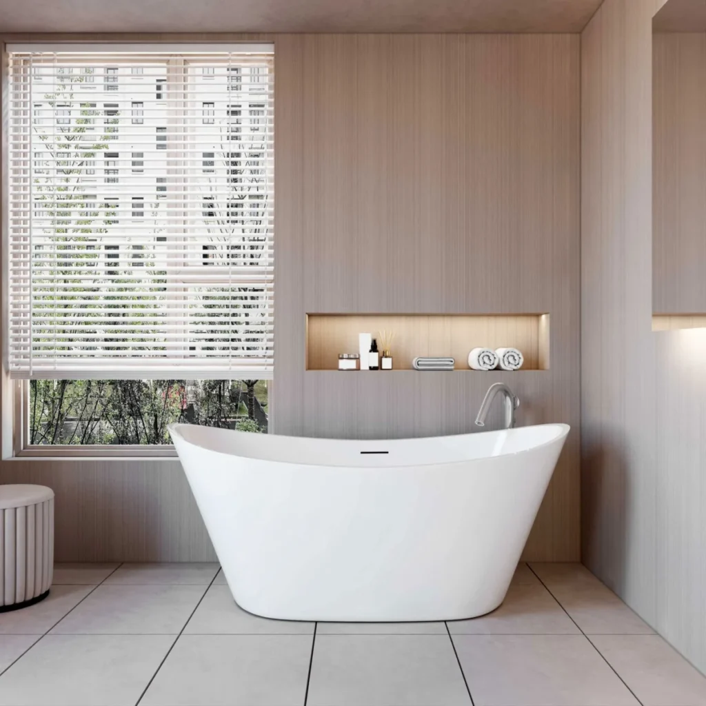 ¿El fin del plato de ducha? Por qué las casas españolas están volviendo a rescatar la bañera Imagen que muestra un baño moderno que ha quitado la ducha por una bañera externa