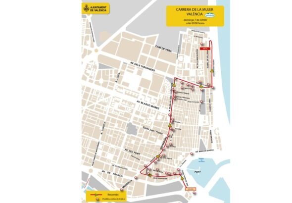 Imagen que muestra el mapa de cortes de tráfico en Valencia por la carrera de la mujer