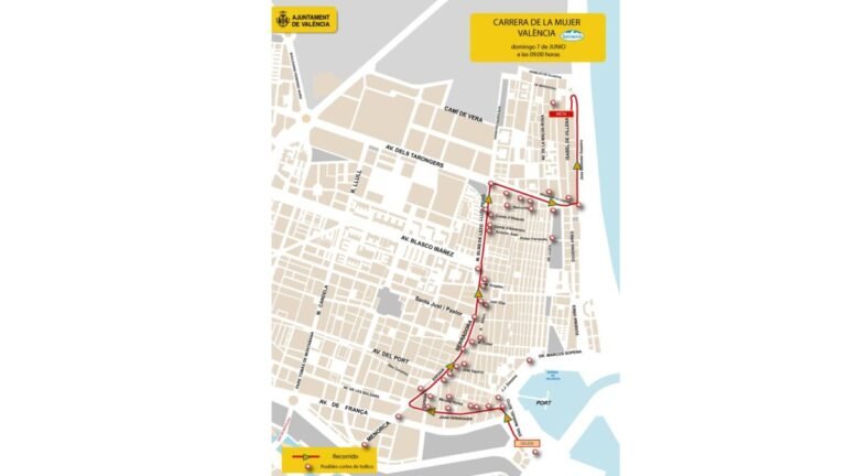 Horarios y cortes de tráfico por la Carrera de la Mujer de València Imagen que muestra el mapa de cortes de tráfico en Valencia por la carrera de la mujer