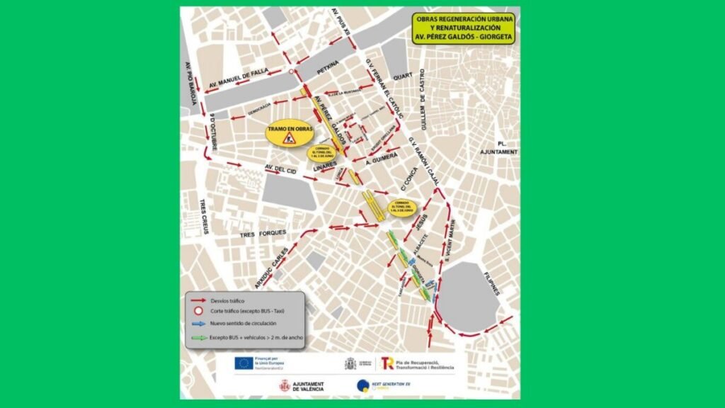 La transformación de Pérez Galdós vive su momento más crítico con un corte total Mapa de los cortes de tráfico de Perez Galdós en Valencia