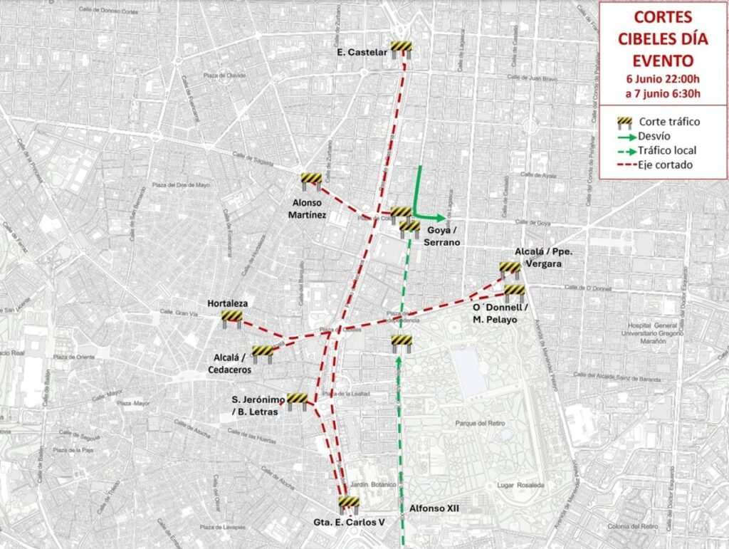 Los mapas de los cortes de tráfico en Madrid por la visita del Papa León XIV Mapa de cortes de tráfico en Madrid de Cibeles los días 5 y 6 de junio por la visita del Papa León XIV
