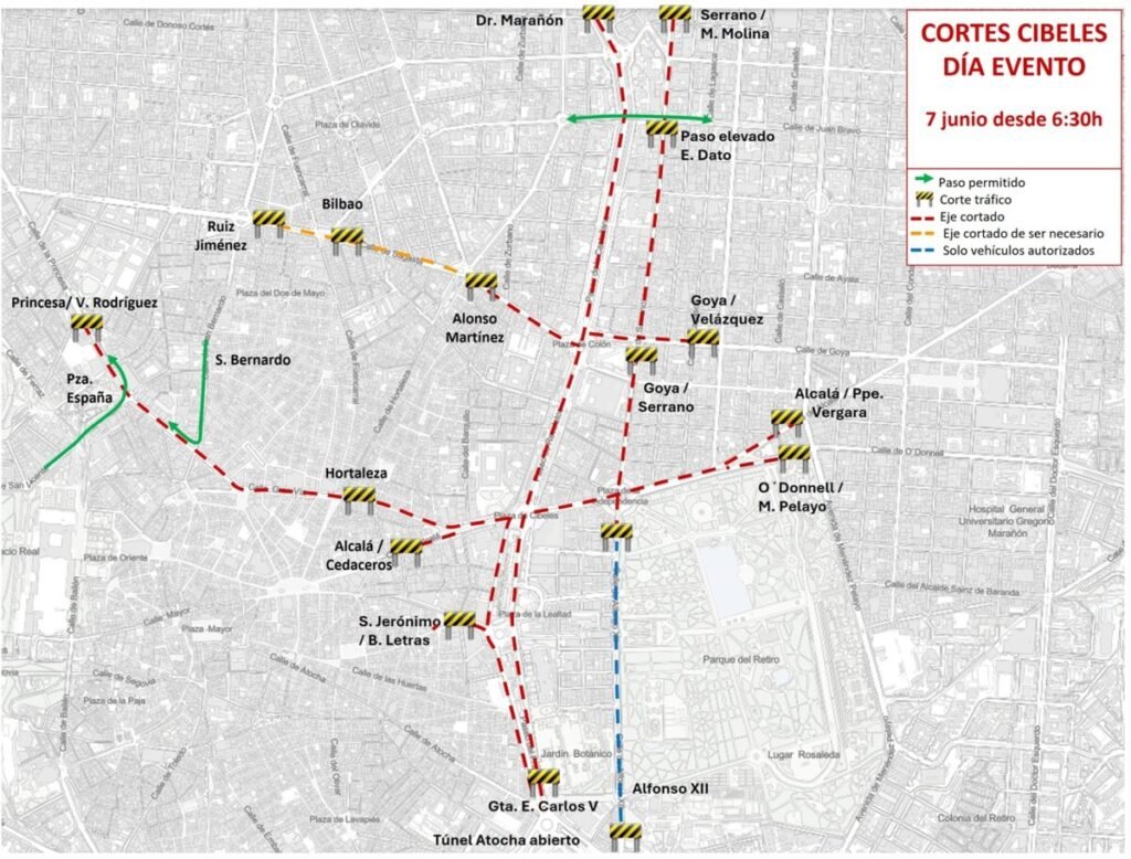Los mapas de los cortes de tráfico en Madrid por la visita del Papa León XIV Mapa de cortes de tráfico en Madrid de Cibeles el día 7 de junio por la visita del Papa León XIV