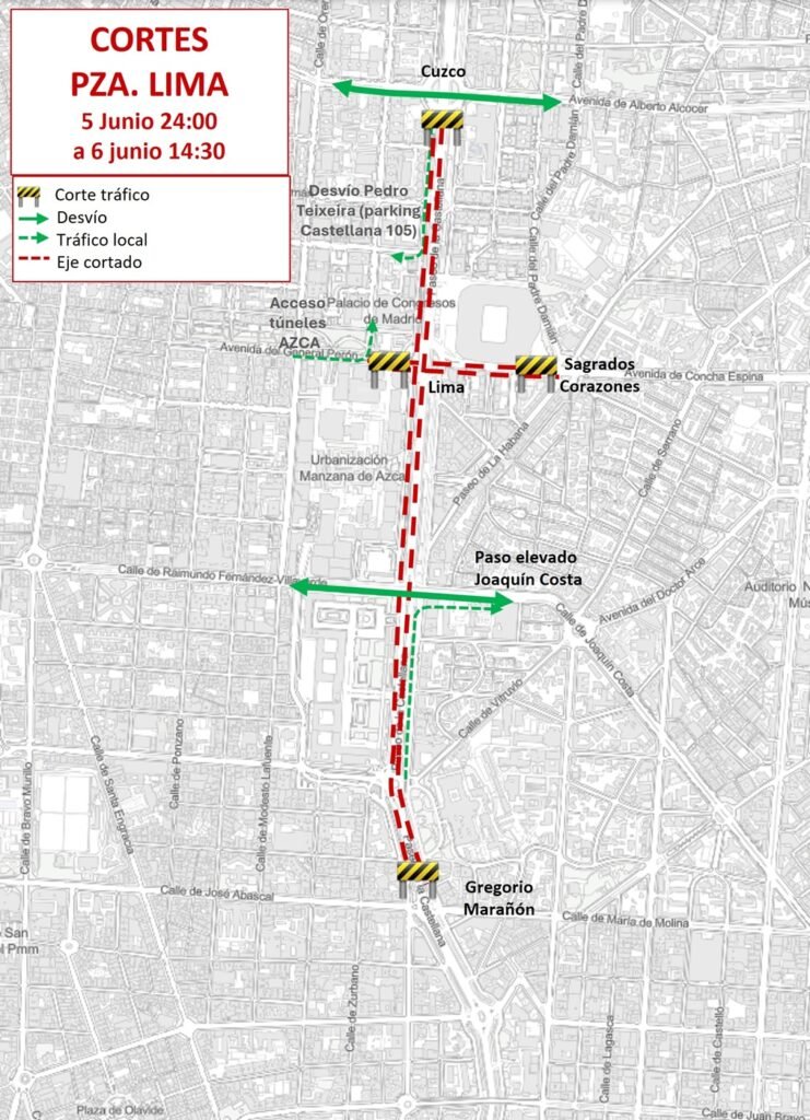 Los mapas de los cortes de tráfico en Madrid por la visita del Papa León XIV Mapa de cortes de tráfico en Madrid plaza lima días 5 y 6 de junio por la visita del Papa León XIV