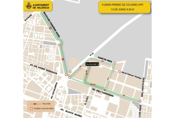 Mapa que muestra los cortes de tráfico en Valencia por la II Gran Premio de Ciclismo de la UPV