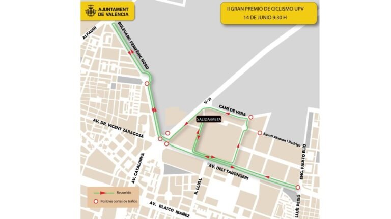 ¿Cómo afectará al tráfico el II Gran Premio de Ciclismo de la UPV este domingo? Mapa que muestra los cortes de tráfico en Valencia por la II Gran Premio de Ciclismo de la UPV