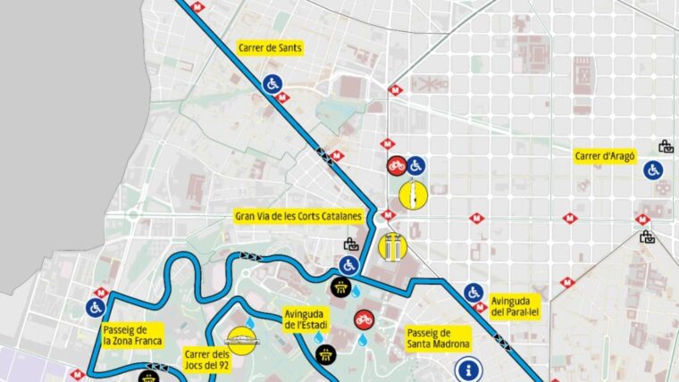 Cómo moverte por Barcelona en metro ante los cortes masivos por el Tour de Francia Imagen que muestra el mapa de cortes de tráfico en Barcelona los días 4 y 5 de julio por el tour de francia