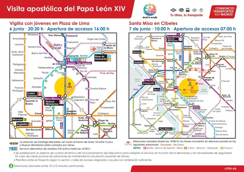 Los mapas de los cortes de tráfico en Madrid por la visita del Papa León XIV Imagen que muestra el metro de Madrid por la visita del Papa León XIV