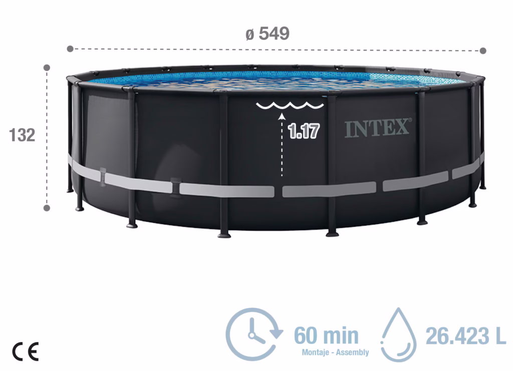 Las mejores piscinas desmontables para montar hoy mismo están rebajadas Imagen que muestra la piscina y medidas de la Ultra Frame XTR de Ø 549 x 132 cm en venta en El Corte Inglés