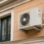 Máquina de aire acondicionado en una fachada de un edificio con el conducto del desagüe atascado