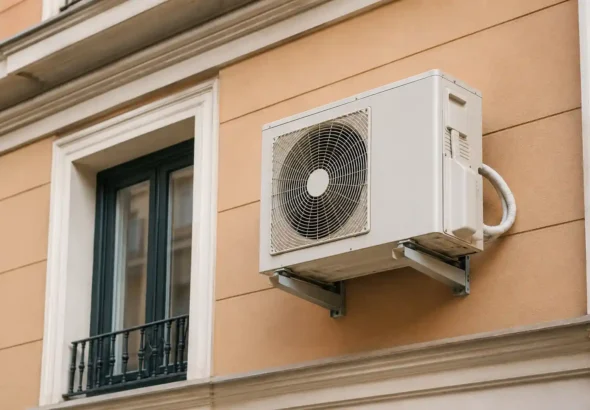 Máquina de aire acondicionado en una fachada de un edificio con el conducto del desagüe atascado