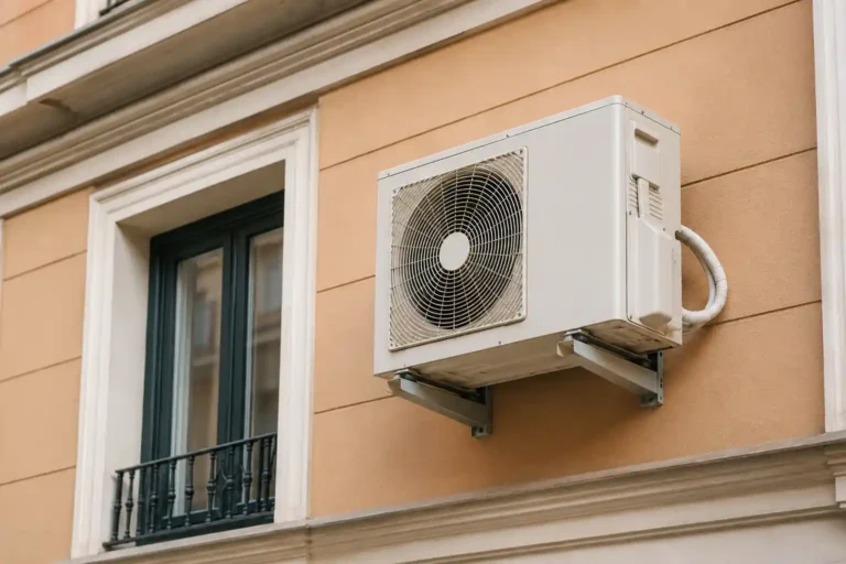 Máquina de aire acondicionado en una fachada de un edificio con el conducto del desagüe atascado