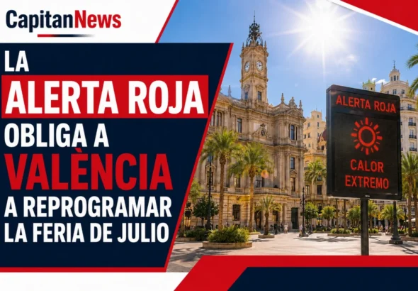 La alerta por calor en Valencia obliga a cancelar actos y alargar horarios de piscinas. Así lo muestra el titular de la imagen "La alerta roja obliga a valencia"