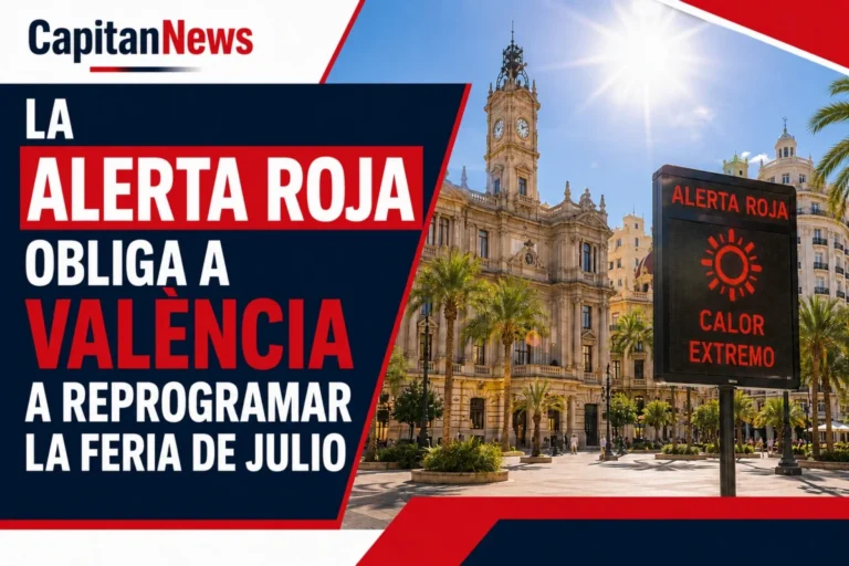 La alerta por calor en Valencia obliga a cancelar actos y alargar horarios de piscinas. Así lo muestra el titular de la imagen "La alerta roja obliga a valencia"