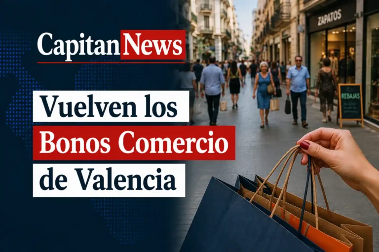 Los bonos de comercio vuelven a Valencia y se pueden solicitar los bonos de 50€ hasta agosto, como muestra el titular de la imagen