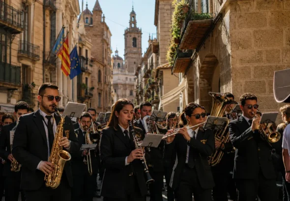 Recreación digital del Certamen Bandas de Valencia que muestra músicos por la calle tocando