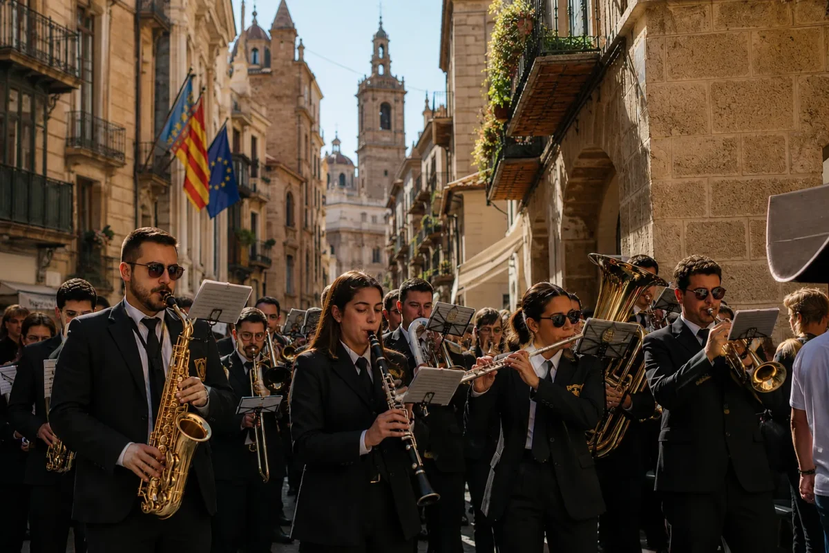 Recreación digital del Certamen Bandas de Valencia que muestra músicos por la calle tocando