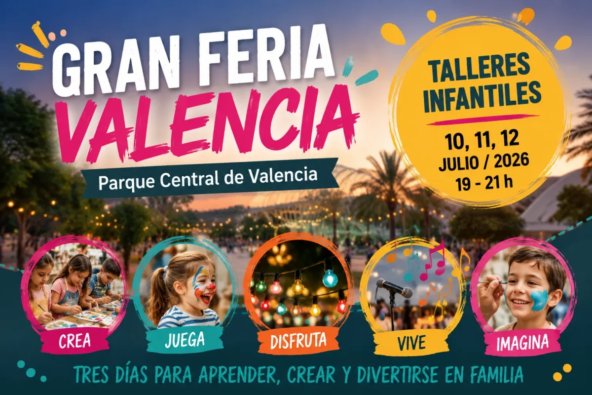 Cartel que muestra las actividades del fin de semana 10,11 y 12 de julio de la feria de valencia para niños gratis en el parque central