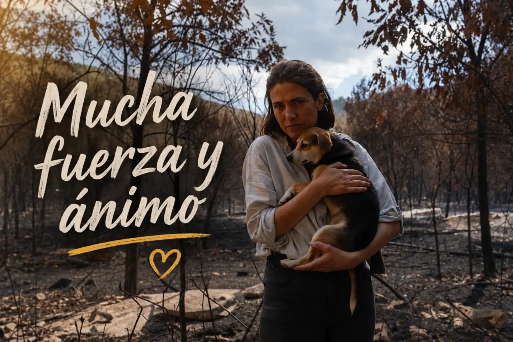 Madrid ofrece atención veterinaria y alimento gratis para las mascotas del incendio Recreación digital de una persona con su animal tras el incendio de madrid