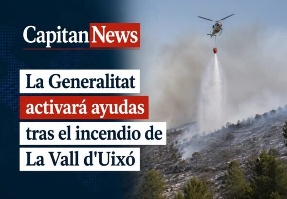 La Vall d'uixó que ha sufrido un grave incendio y donde se encuentra el puesto de mando, ha sido visitado por Pedro Sánchez y el President de la Generalitat, que confirma ayudas para la Sierra de Espadán,como muestra el titular de la imagen