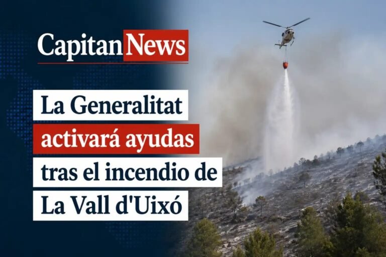 La Vall d'uixó que ha sufrido un grave incendio y donde se encuentra el puesto de mando, ha sido visitado por Pedro Sánchez y el President de la Generalitat, que confirma ayudas para la Sierra de Espadán,como muestra el titular de la imagen