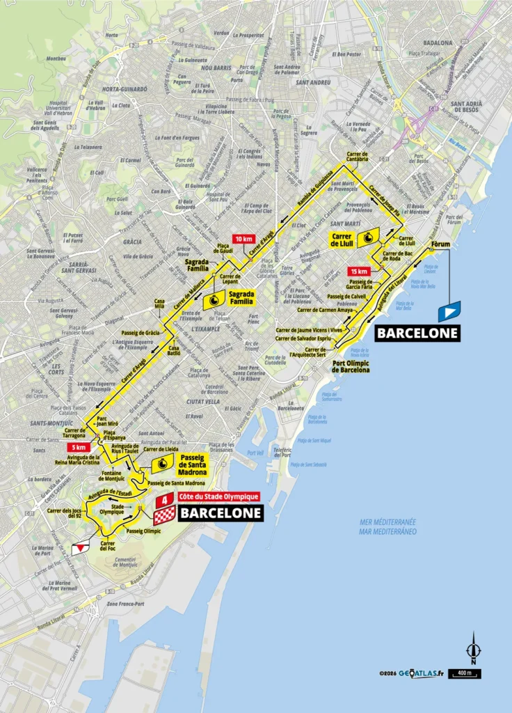 Guía para ver la primera etapa 1 del Tour de Francia 2026 en Barcelona: de la playa a Montjuïc Imagen que muestra el mapa de la etapa 1 del Tour de Francia en Barcelona