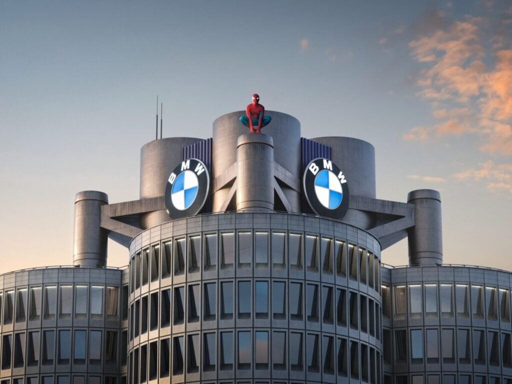 Los coches de BMW saltan al cine en 'Spider-Man: Brand New Day': modelos y sorpresas Imagen de un edificio de la marca Alemana con Spider-man arriba del edificio