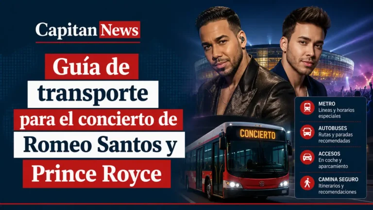 Romeo Santos y Prince Royce actuarán en Madrid el 25 de julio, y como muestra el titular de la imagen, la información del transporte y tráfico aquí