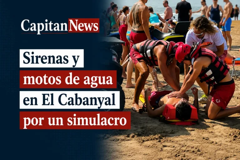 Un simulacro de emergencia en la playa del Cabanyal de Valencia, como muestra el titular de la imagen