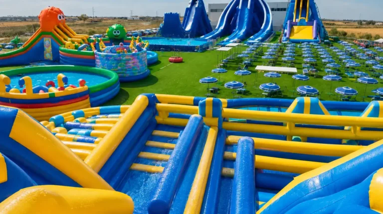 El parque WOW Bonaire en Valencia abre todo el verano con atracciones de agua como muestra la imagen con cesped y sombrillas