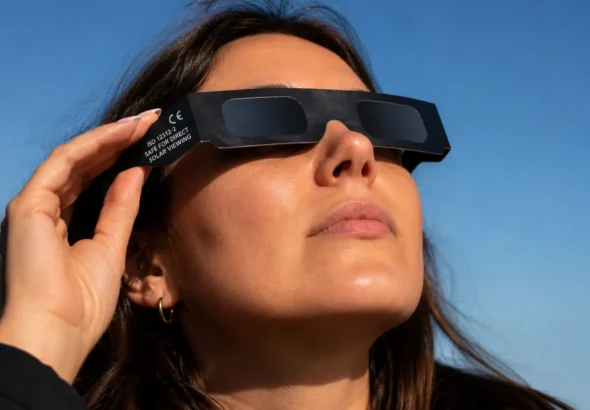 El eclipse de Valencia será el 8 de agosto y la imagen muestra una persona con gafas homologadas