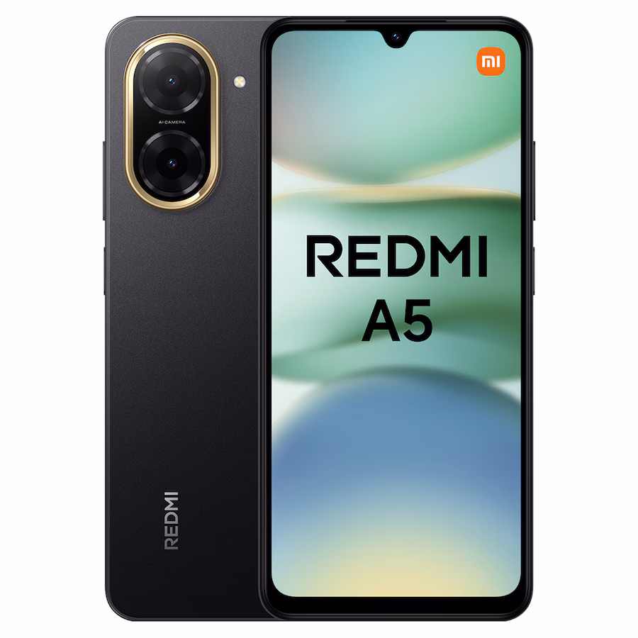 Olvida gastar un dineral en un móvil: pantallas enormes y baterías infinitas Imagen que muestra el móvil Xiaomi Redmi A5 que muestra la parte frontal y trasera