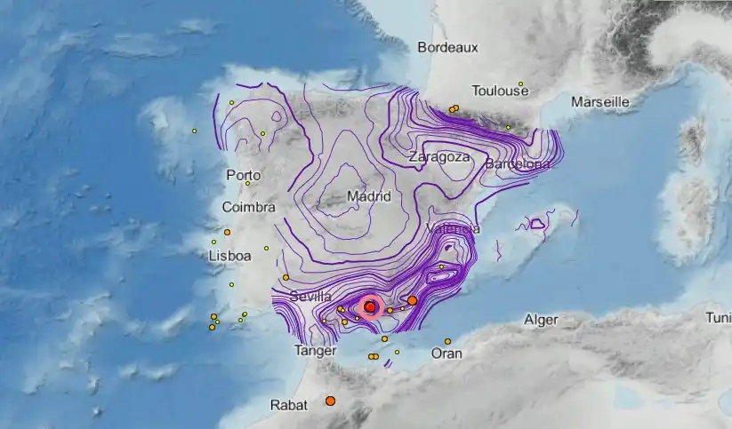 Mapa que muestra los terremotos en la zona de Granada 