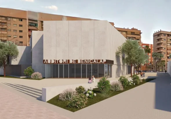 Auditori Benicalap Valencia en una recreación del futuro centro musical y su entorno urbano