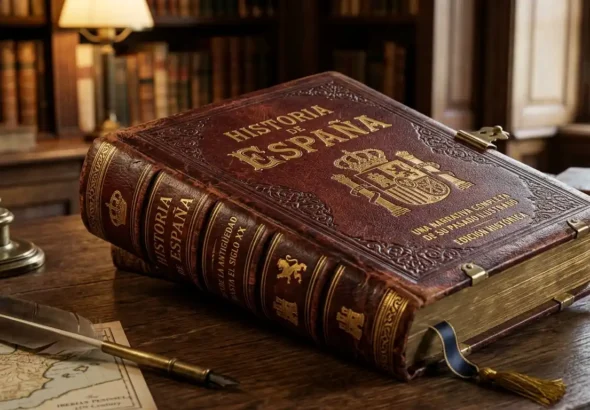 Eclipse sobre un libro de historia de España que simboliza los grandes acontecimientos ocurridos durante los últimos trece siglos.