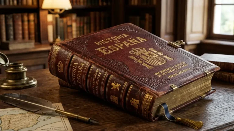 Eclipse sobre un libro de historia de España que simboliza los grandes acontecimientos ocurridos durante los últimos trece siglos.