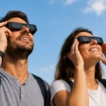 Una pareja viendo el eclipse solar conectados con la app Solaris en Catalunya . Recreación