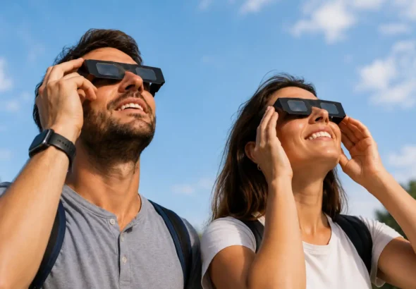 Una pareja viendo el eclipse solar conectados con la app Solaris en Catalunya . Recreación