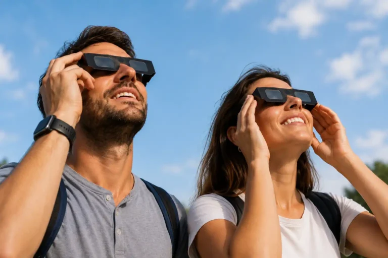 Una pareja viendo el eclipse solar conectados con la app Solaris en Catalunya . Recreación