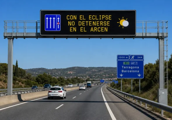 El eclipse solar obliga a la DGT a establecer un dispositivo especial en carreteras con señalización en la imagen Con eclipse no detenerse en el arcén